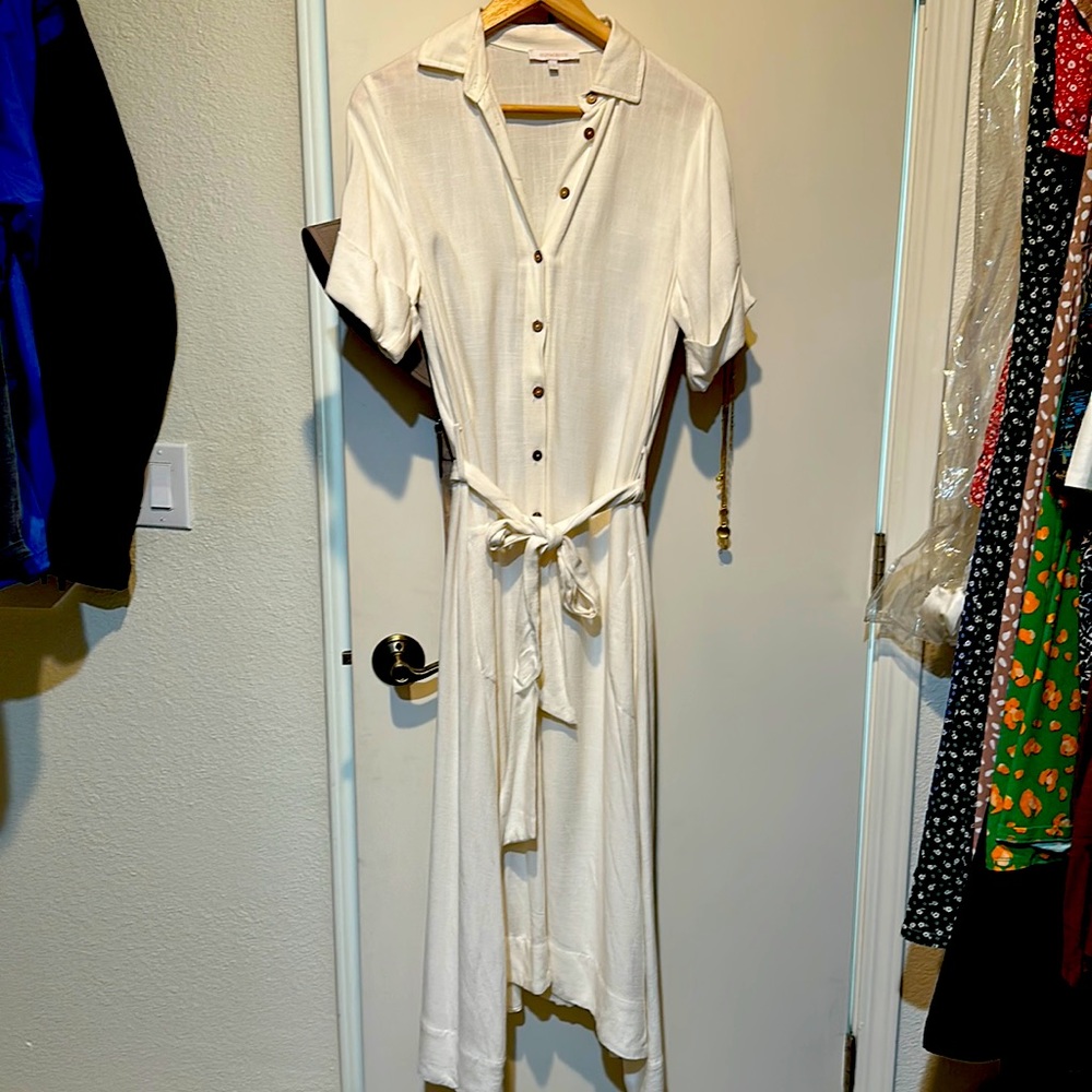 Linen off white button down midi dress
